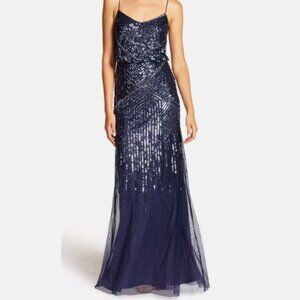Adrianna Papell Sleeveless Midnight Blue Sequin Gown, Size 6